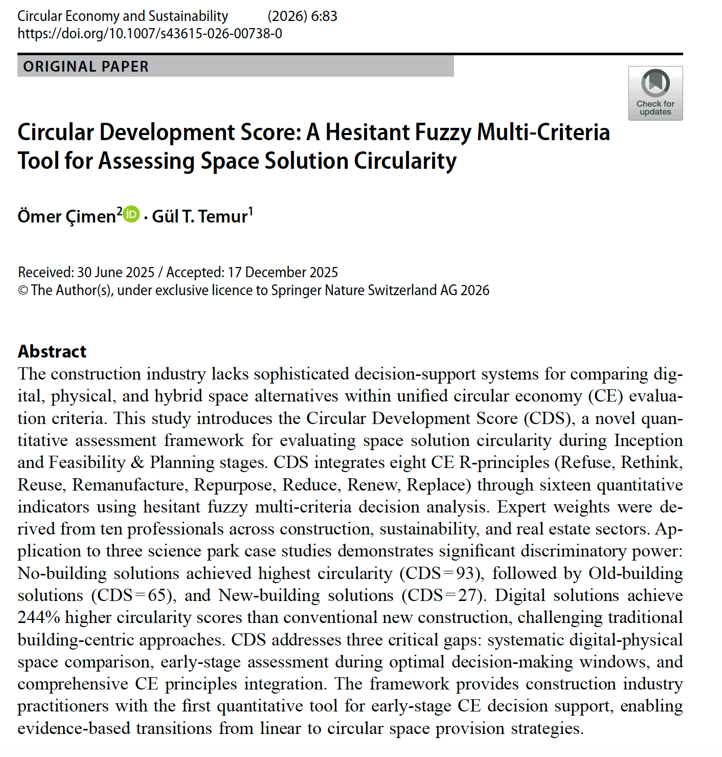 Circular Development Score: A Hesitant Fuzzy Multi-Criteria Tool for Assessing Space Solution Circularity